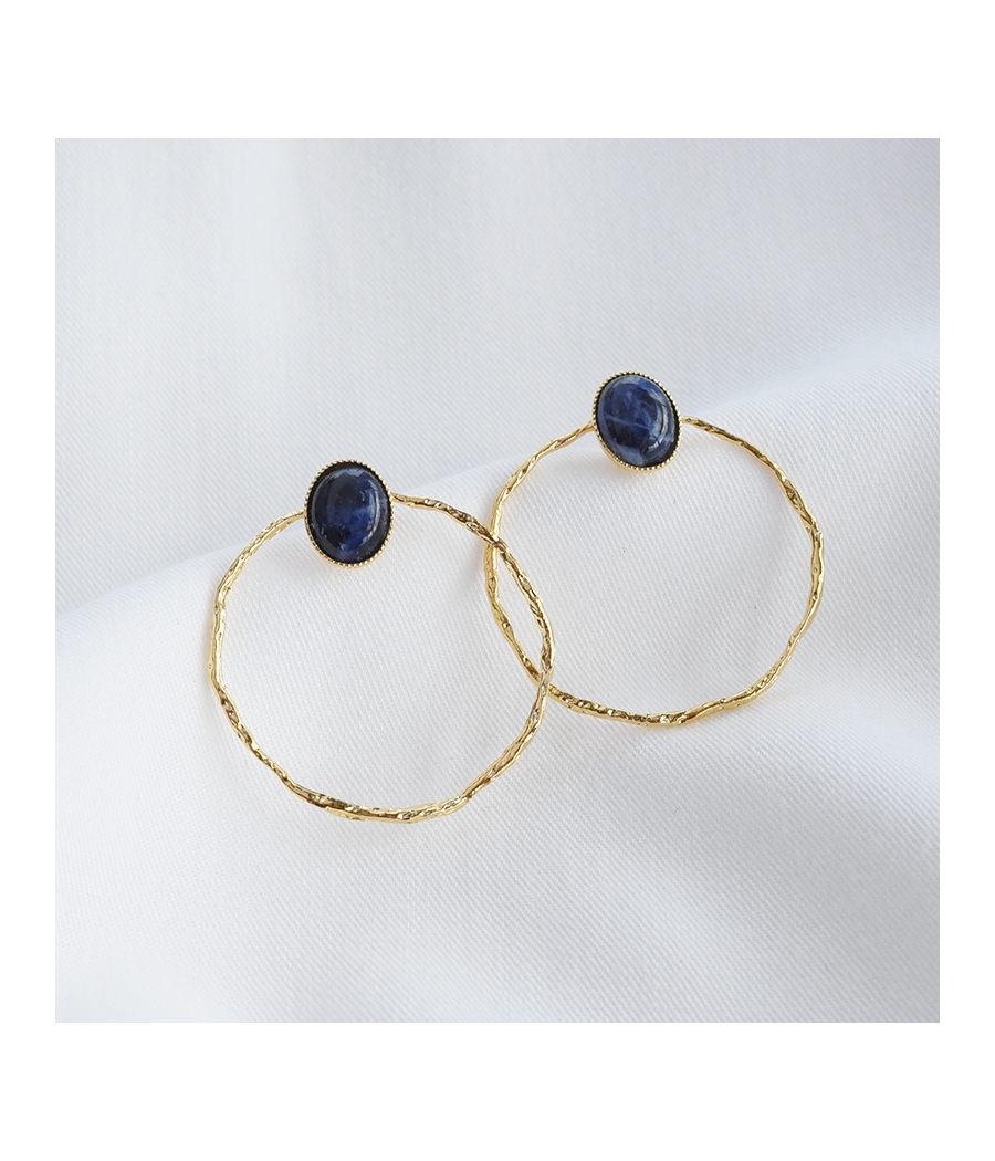 Boucles d'oreilles cercle martelé bleu et or GM Alice