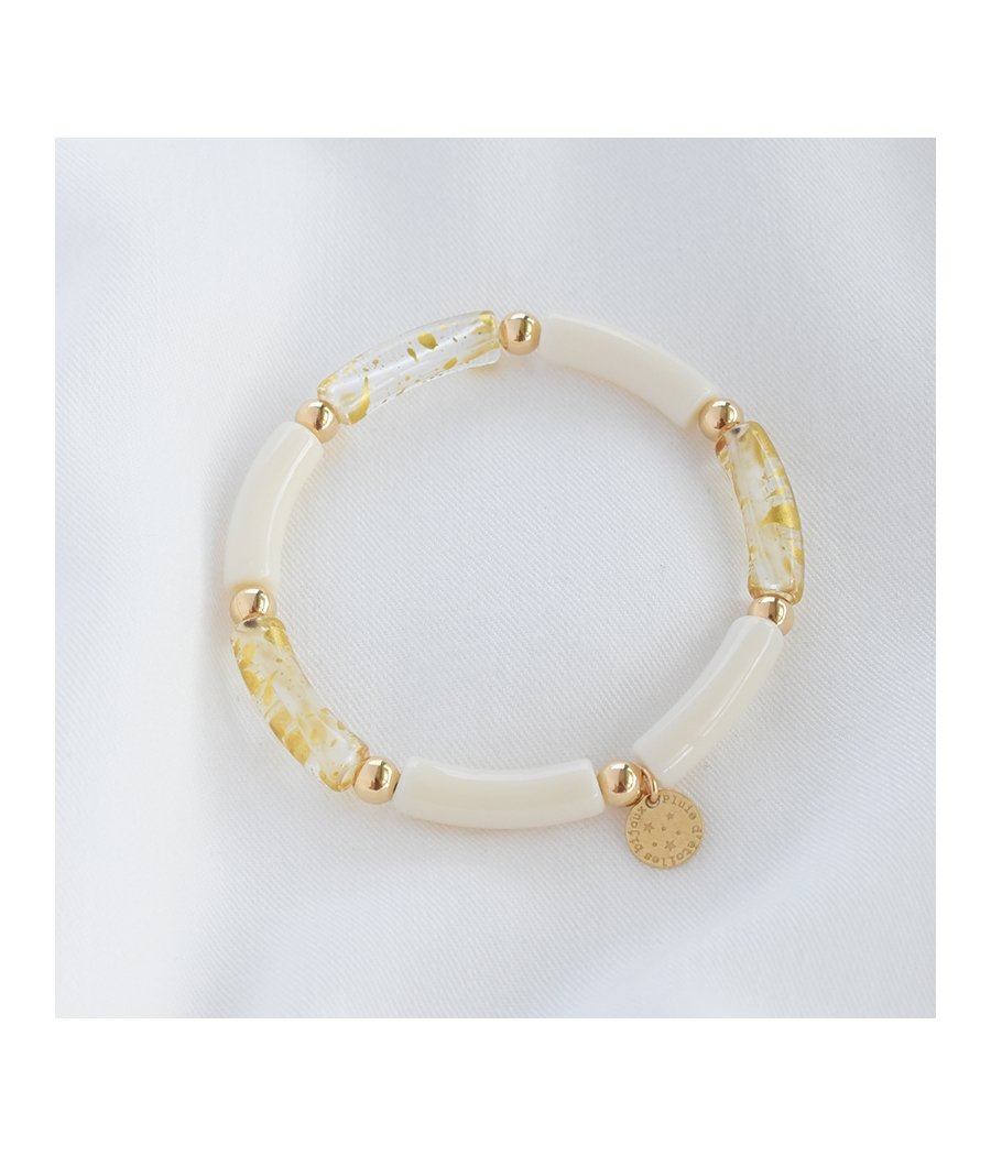 Bracelet perles tubes incurvés blanc et or BAHIA PM