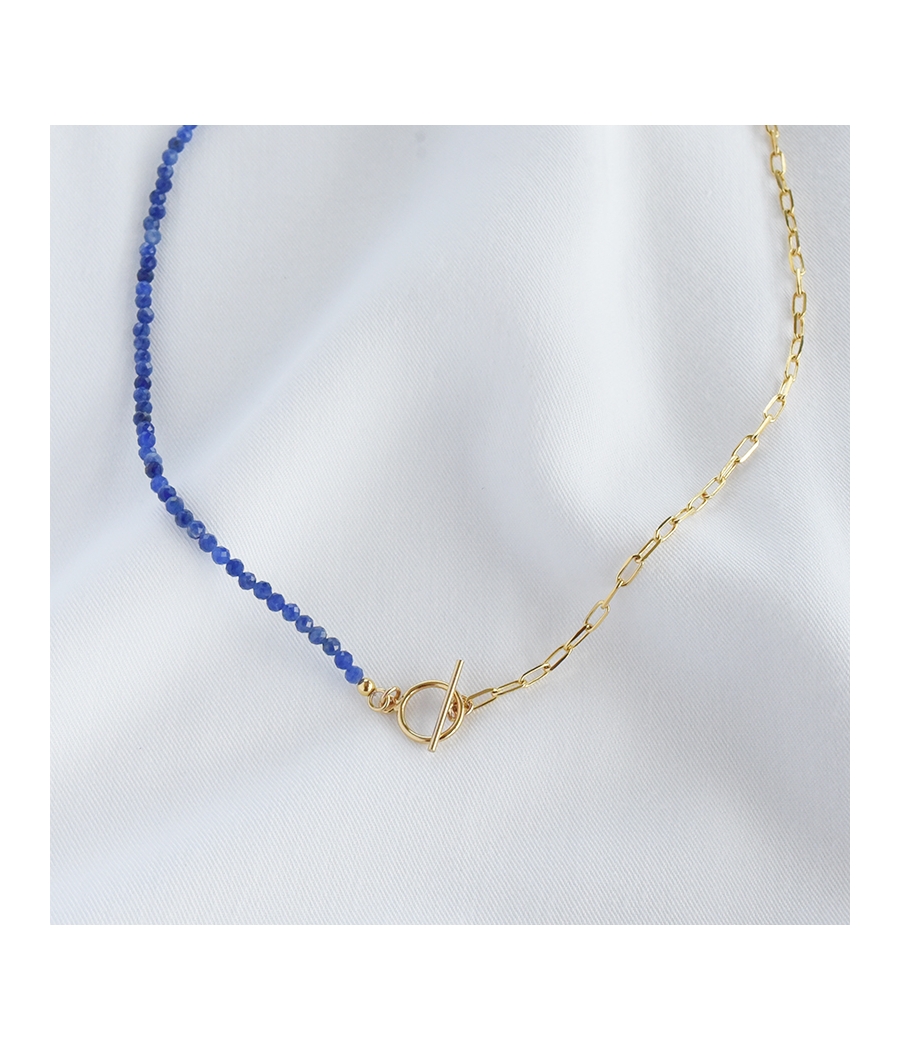 Collier asymétriques perles bleues, chaine maille et fermoir T LUCIE PM