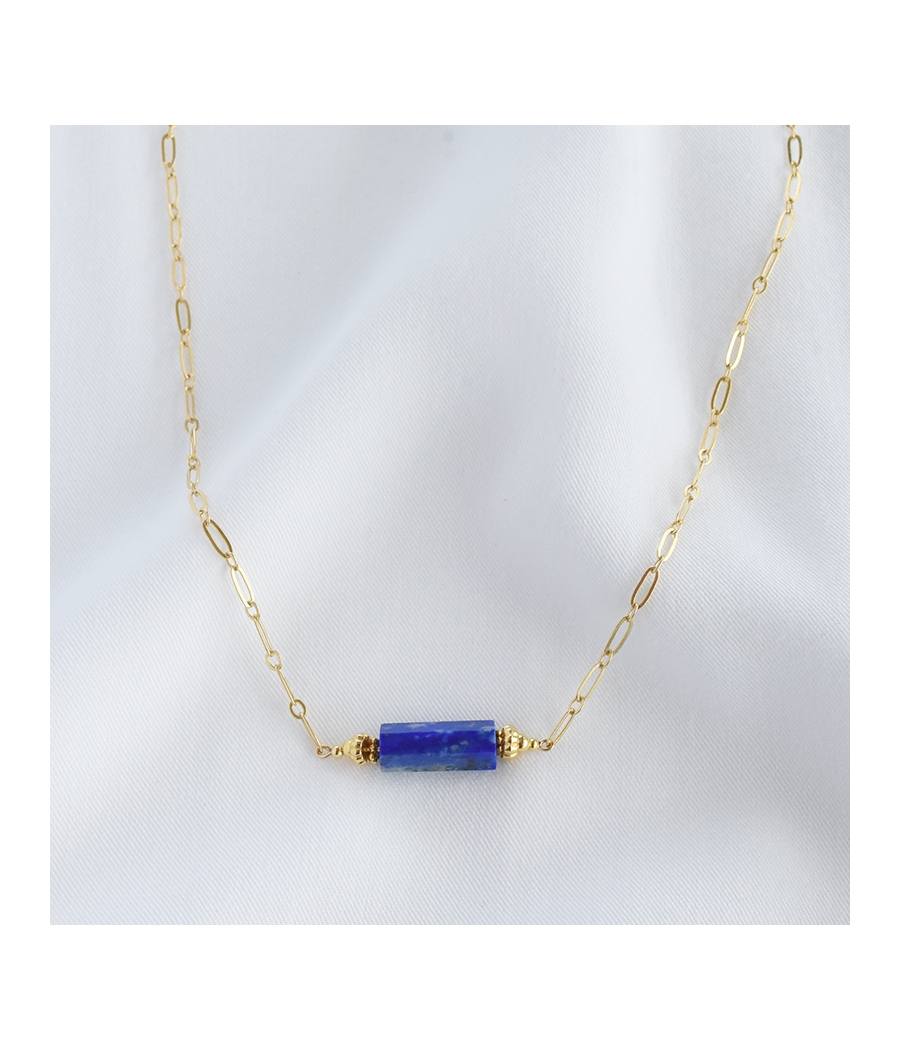 Collier chaine maille or et pierre bleue ATEA