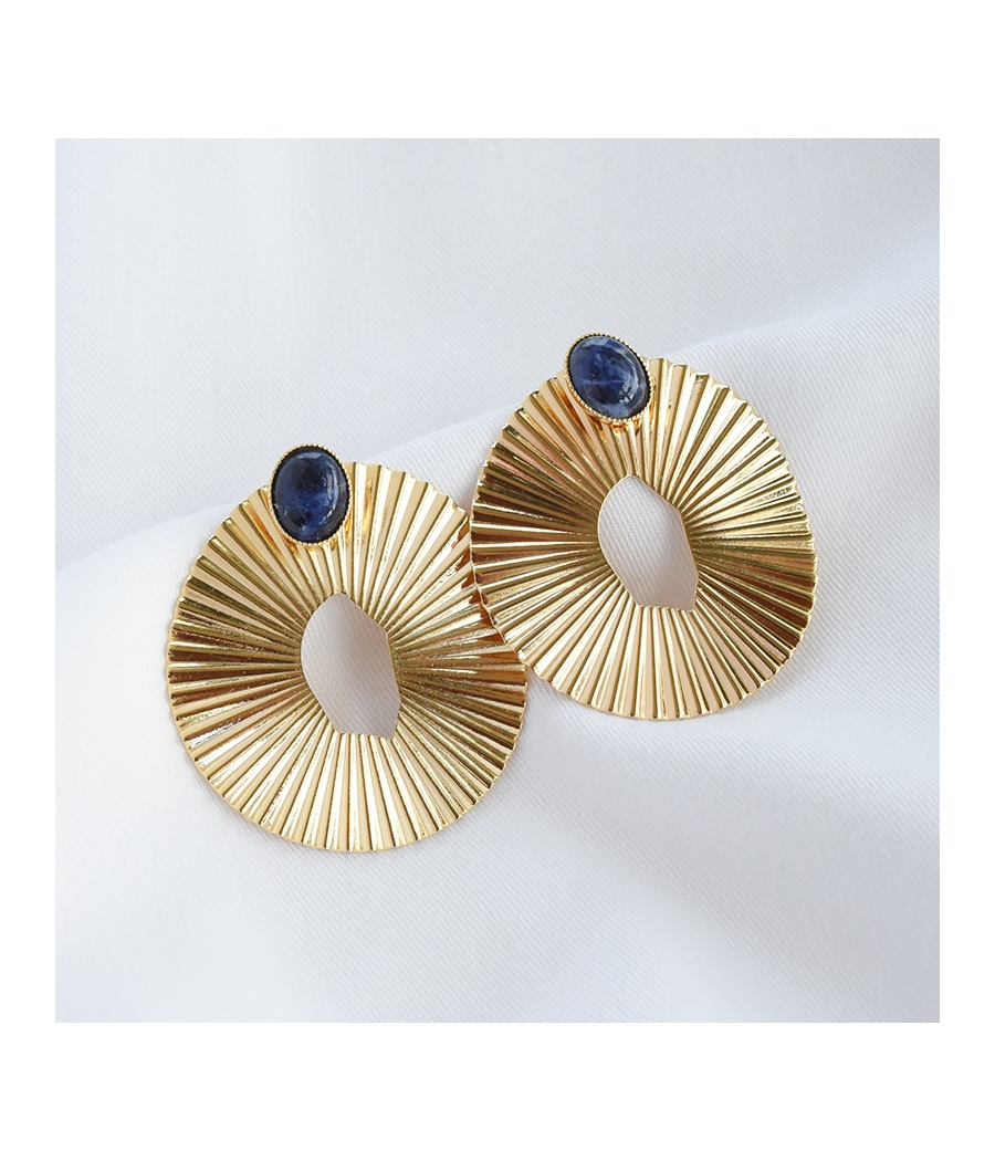 Boucles d'oreilles textures en or et pierre bleue ANYA