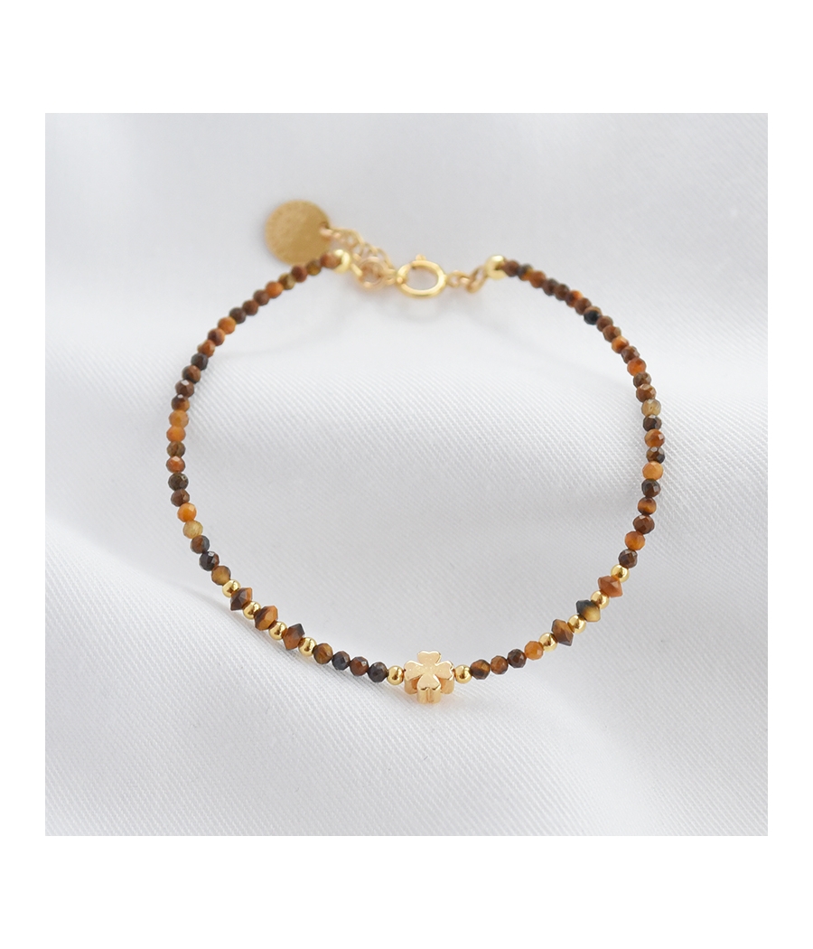 Bracelet perles marron et trèfle or MANON