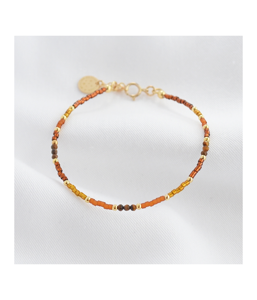 Bracelet fin plaqué or, perles Miyuki et pierres fines TAMARA marron