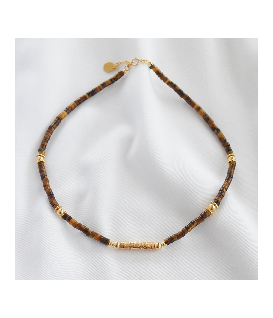 Collier oeil de tigre et perle tube or CHARLIE