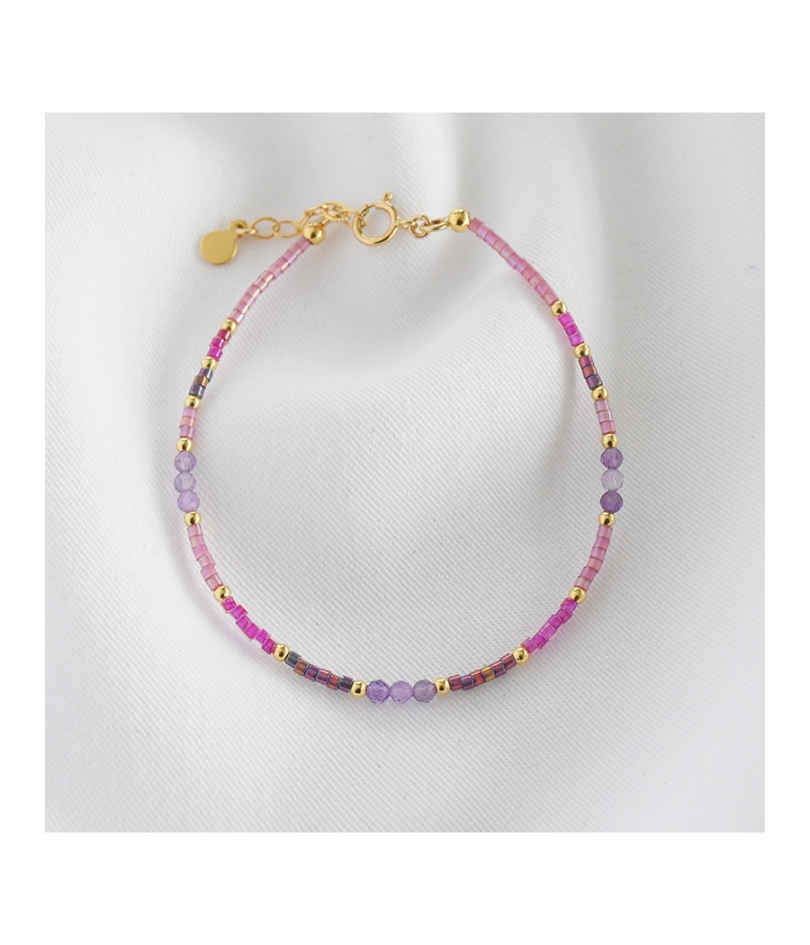 Bracelet fin plaqué or, perles Miyuki et pierres fines TAMARA violet