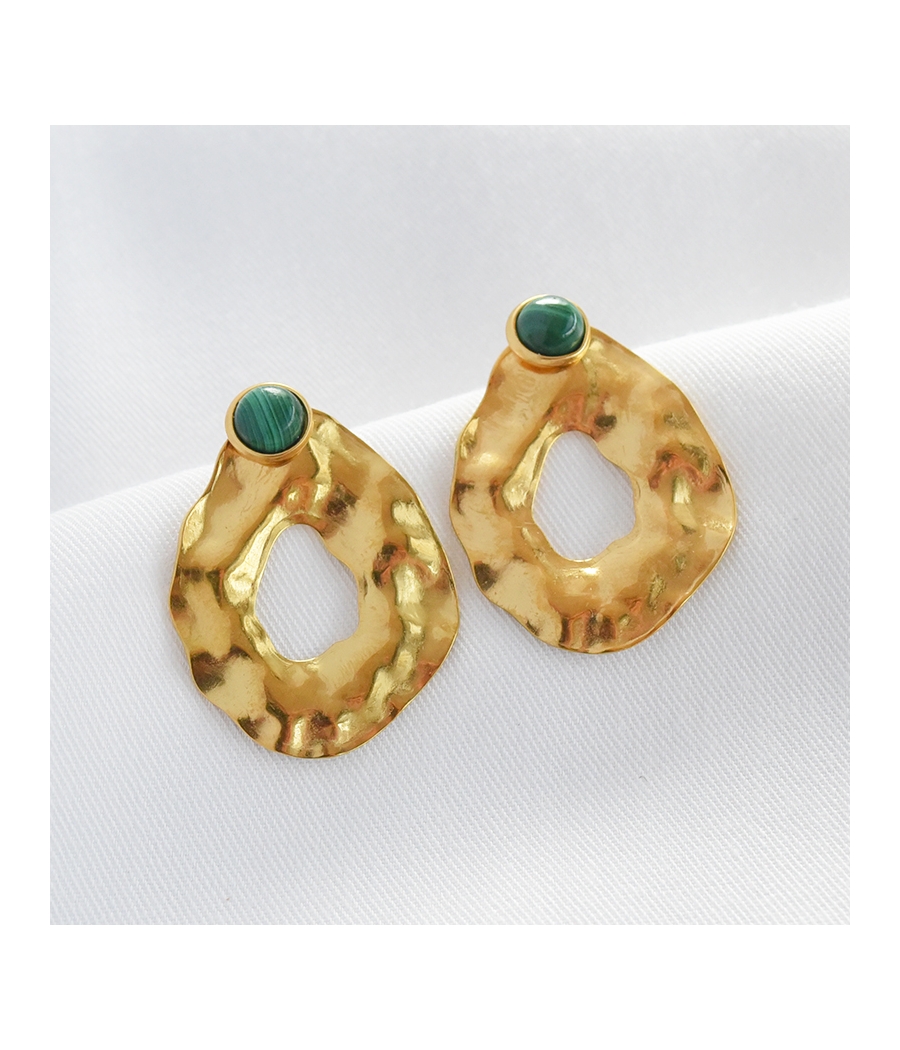 Boucles d'oreilles ovale martelé malachite et or ALICE