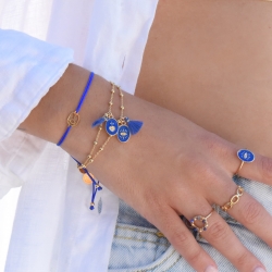 CLAIRE Bracelet oeil et pompon bleu
