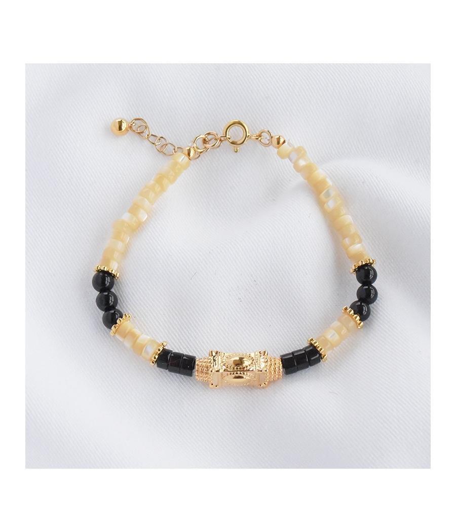 Bracelet perles noir et beige et tube or OCÉANE