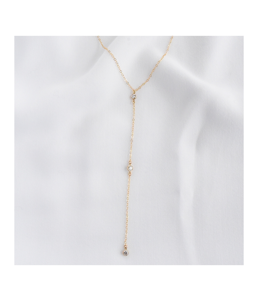 Collier cravate chaine fine or et strass ROSE