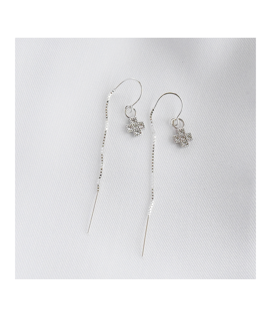 Boucles d'oreilles fil  croix argent et strass JANIS