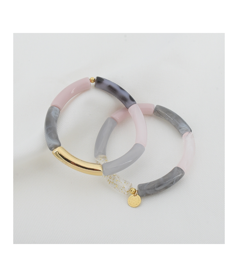 Bracelet perles tubes incurvés rose et gris BAHIA