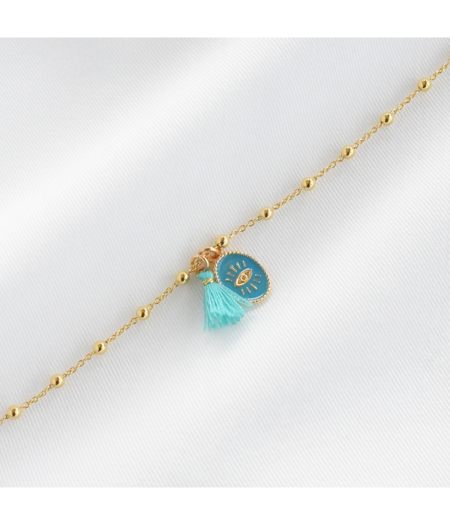 CLAIRE Bracelet oeil et pompon bleu CLAIRE Bracelet oeil et pompon bleu