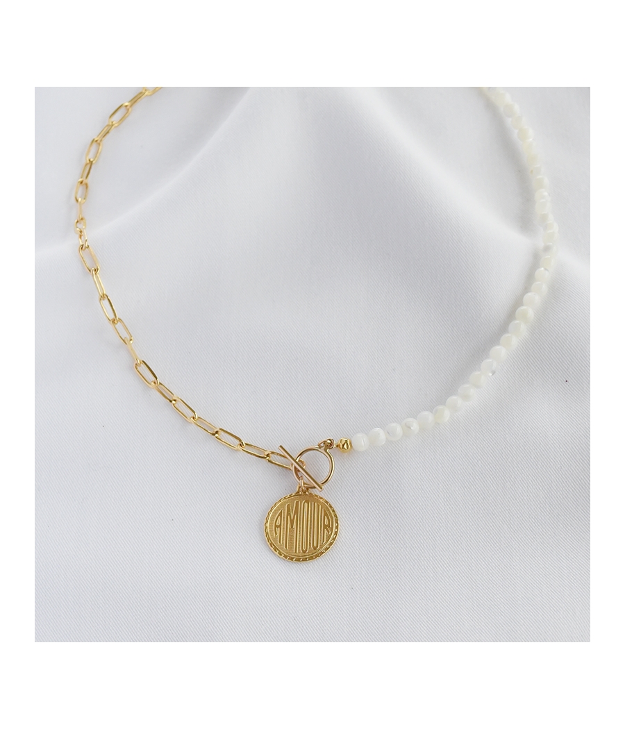 Collier asymétrique perles nacre et maille LUCIE