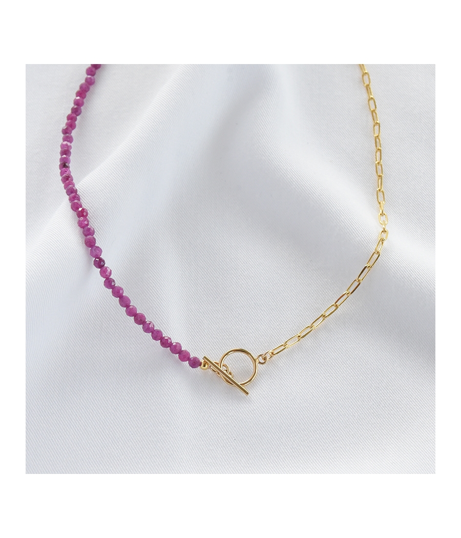 Collier asymétrique perles violettes, chaine maille et fermoir T LUCIE PM