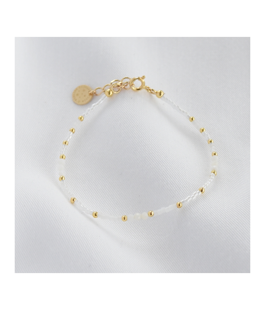 Bracelet fin plaqué or, perles Miyuki et pierres fines TAMARA blanc