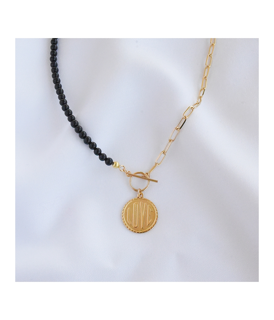 Collier asymétrique perles noires et chaine maille LUCIE