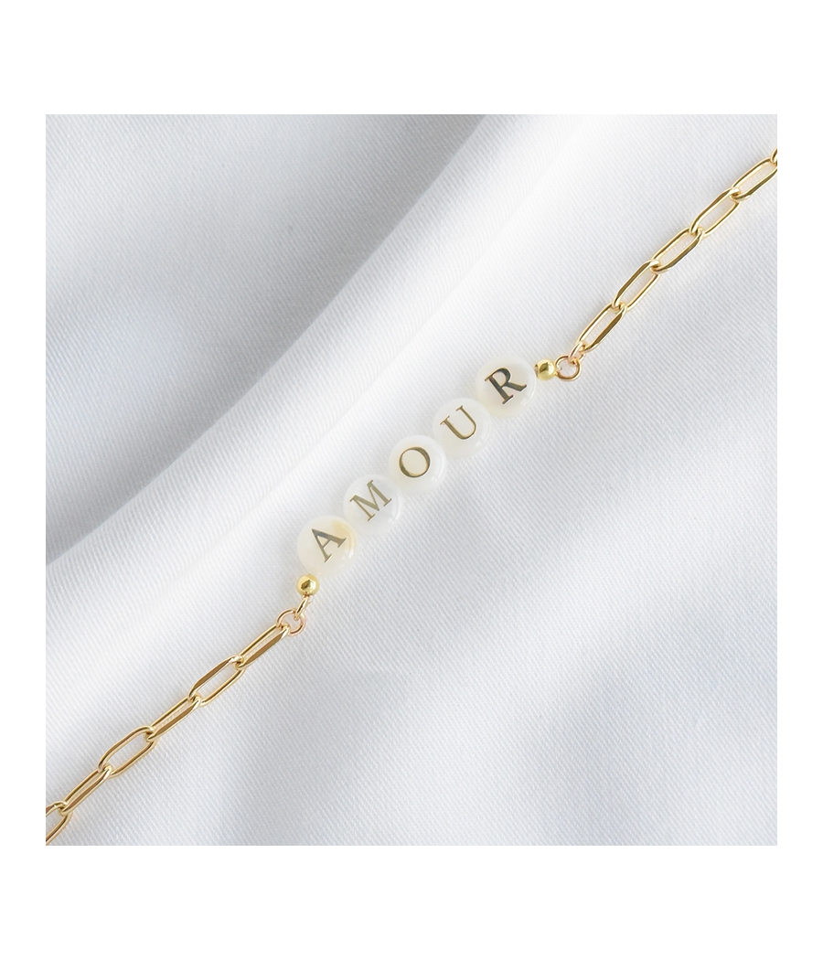 Bracelet chaine maille et lettres nacre inscription AMOUR CELESTE